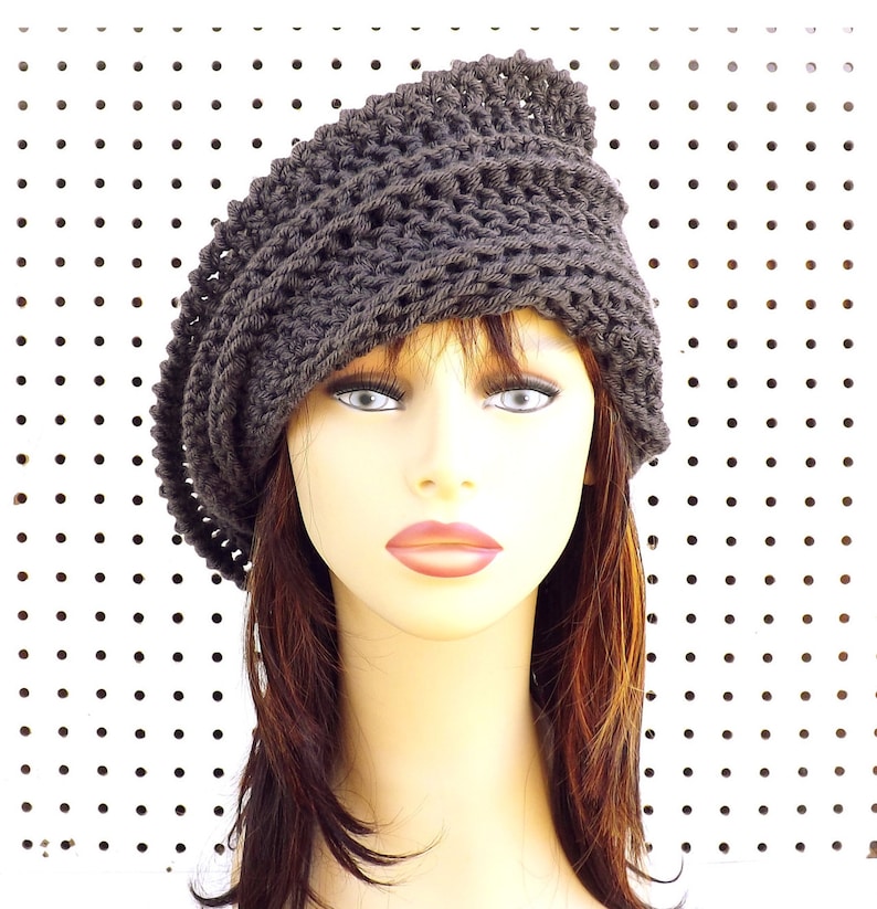 Judy Womens Crochet Cloche Hat Steampunk Style in Graphite Gray for Women Science Fiction Diagonal Wide Flap Brim Winter Accessories Gift