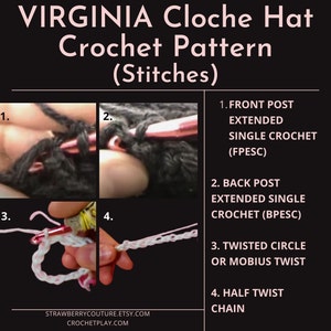 Collage demonstrating the process of using a latch hook to join two Mobius twists in the Virginia cloche hat crochet pattern, with four step-by-step images