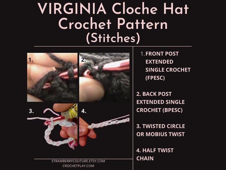 Collage demonstrating the process of using a latch hook to join two Mobius twists in the Virginia cloche hat crochet pattern, with four step-by-step images