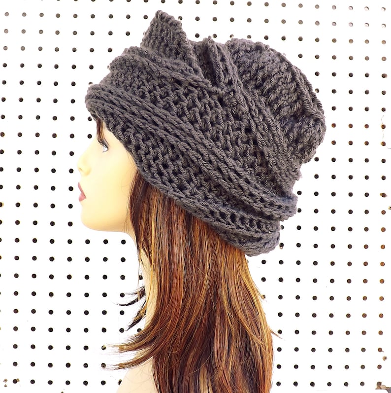 Judy Womens Crochet Cloche Hat Steampunk Style in Graphite Gray for Women Science Fiction Diagonal Wide Flap Brim Winter Accessories Gift