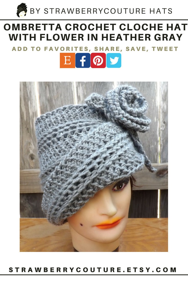 The OMBRETTA crochet cloche hat for women has a with matching flower and leaf in heather gray. The hat looks like a mad hatter steampunk and tea party hat. The asymmetrical smooth edge brim that does not fall in your face. The left side sits under the crown while the right side flows above it. Change the look with one turn. Please click on the image and visit the page. Don't forget to share this post to your social media friends.