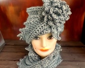 Lauren Gray Hat and Scarf, Crochet Scarf, Crochet Beanie, Flower Beanie Hat, Flapper Hat, Great Gatsby Hat, Crochet Cowl, Fall Fashion Scarf