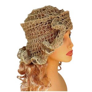 a mannequin head wearing a natural hemp twine hat with a diagonal ruffle