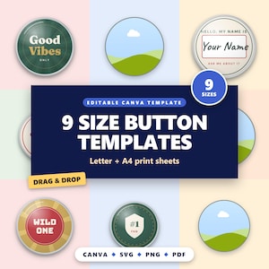 Knappmall Canva-paket, 9 storlekar 1 till 3,5 tum Pinback-knappmallar, dra-och-släpp-ramar, Letter- och A4-utskriftsark, SVG PNG