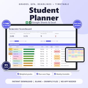 Student Planner Spreadsheet Google Sheets and Excel | Assignment Tracker, GPA Calculator, Grade Tracker, Class Timetable, College Planner