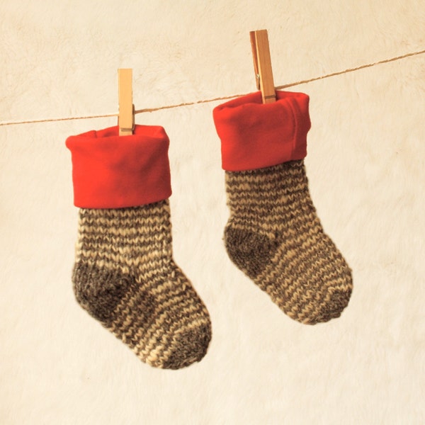Knitted Wool Socks with Red Cuff - Earthy look Baby Slippers - One of a Kind