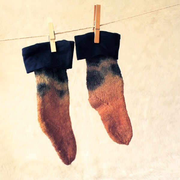 Knitted Wool Socks Hand Dyed - Earthy look and Navy Blue Slippers