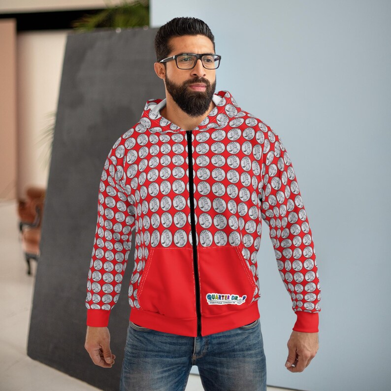 Official Quarter Drop Unisex Zip Hoodie (Red) with Quarter Print and Logo! (XS, S, M, L, XL, 2XL) image 3