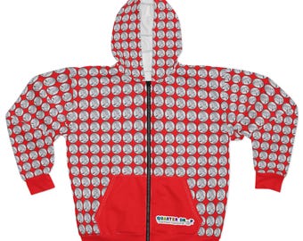 Official Quarter Drop Unisex Zip Hoodie (Red) with Quarter Print and Logo! (XS, S, M, L, XL, 2XL)