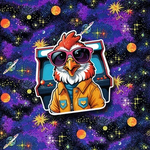 Cool 80&#39;s Chicken at an Arcade (x1) Premium Die Cut High Gloss Vinyl Waterproof Sticker Decal (2.5&quot; x 2.5&quot;) Retro Arcade Vibes!