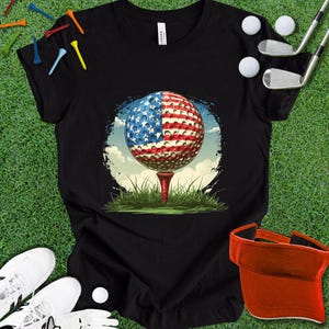 American Style Golf Shirt - Flag Golf Ball on Tee Graphic T-Shirt - Golf Lover Gift Him Her Birthday Christmas