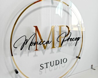 Logo d'entreprise rond 3D | Enseigne commerciale acrylique personnalisée | murale pour salon de beauté ou bureau | Enseigne de logo d'entreprise ronde en acrylique dépoli