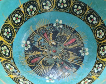 Vintage Poland Handpainted Wooden Bowl AS IS Folk Art Turquoise Polska
