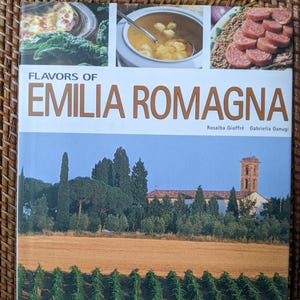 May include: A cookbook titled "Flavors of Emilia Romagna" with images of Italian food. The cover features a landscape with a church and vineyard. The book's title is in large, brown letters.