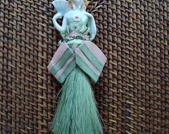 Vintage Porcelain Half Doll Whisk Broom Fan Lady in Green