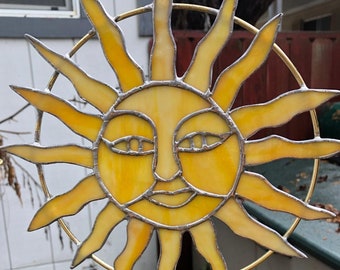 Yellow Swirl Sun Face,  9 inches Long X 9 Inches Wide Stained Glass, Suncatcher