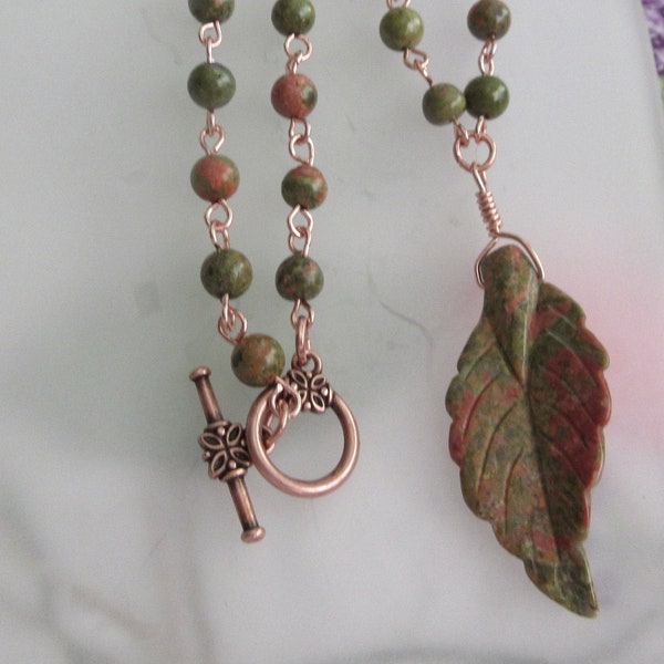 Unakite, Rose Quartz, Olive Jade, Gemstones Necklace, 24 inches long, & Unikite Leaf with Copper Wire and Clasp