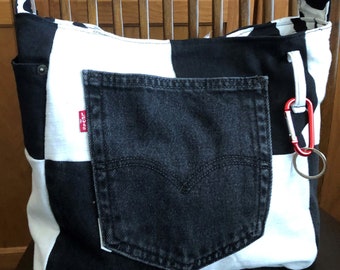 Black & White Recycled Jeans/Denim into Patchwork Purse 36 inch long Crossbody Strap 14 inches wide by 10 inches deep
