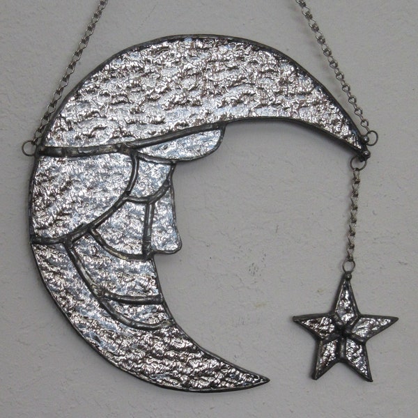 Man in Moon & Star, 8 inches wide X 8 inches long, Mirrored Textured Clear Stained Glass Wallhanger with Black Patina overall
