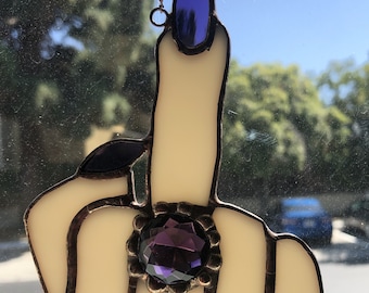 The Middle Finger in Stained Glass, Pink glass with Purple Finger Nails and Purple 20mm faceted Jewel, 5.5 high x 3.75 inches, Sun Catcher