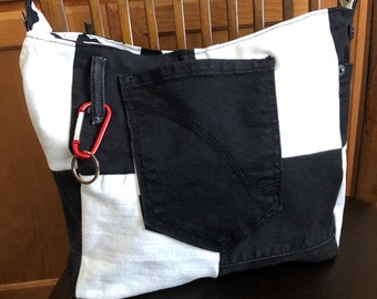 Black & White Recycled Jeans/Denim into Patchwork Crossbody 36 inches long Strap Purse 15 inches wide by 10 inches deep