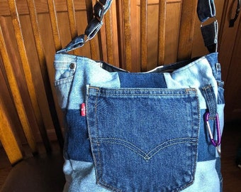 Jeans/Denim Up-cycled to an Adjustable Strap Purse, Baseballs WCC Arizona Diamond Backs Cotton Fabric Lining, 14" wide X 10" deep