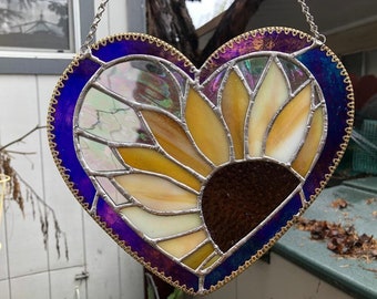 Sunflower in Blue Heart 9 in Long X 8.5 In Wide Stained Glass, Suncatcher