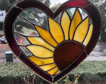 Sunflower in Red Heart 9 in Long X 8.5 In Wide Stained Glass, Suncatcher