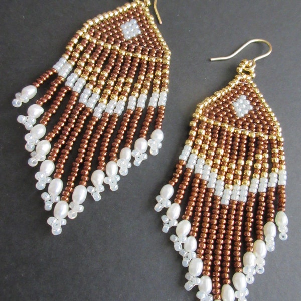 Bead Earrings of #11 Glass Seed Beads, 24k gold plated, 3" Long 1" wide of, Gold, White, and Dark Goldenrod,  4-5 mm White Freshwater Pearls