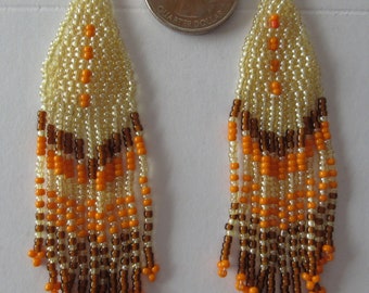 Boho Fringe Earrings: Cream, Orange & Brown Seed Beads