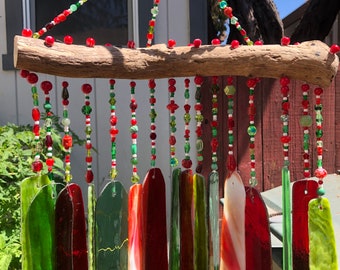 Green and Red Stained Glass Windchimes with Colorful All Glass Beads and River Driftwood, 18 inches long by 12 inches wide
