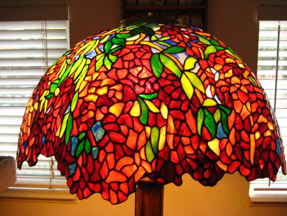 Tiffany Style Stained Glass Floor Lamp, Wisteria Pattern, Walnut Base