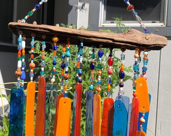Orange and Blue Stained Glass Windchimes with Colorful All Glass Beads and River Driftwood, 11 1/2 inches wide by 17 inches long