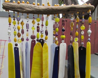 Yellows-Purples-Lavenders Stained Glass Windchimes with Colorful All Glass Beads and River Driftwood, 17 inches long by 12 inches wide