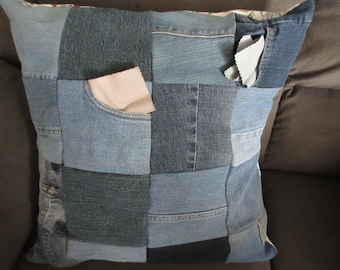 Hummingbirds Theme Recycled Jeans/Denim into Patchwork Pillow Sham/Envelope, Cotton Fabric Back, 20 inches by 20 inches