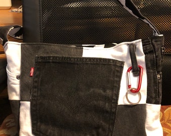 Black & White Recycled Jeans/Denim into Patchwork and 39 inch Crossbody Strap Purse 15 inches wide by 10 inches deep