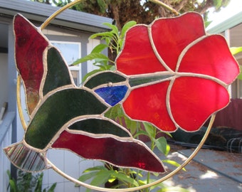 Hummingbird and Red Flower on 8" diameter Brass Ring in Stained Glass