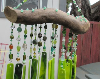 Multi colors of Green Stained Glass Windchimes with Colorful All Glass Beads and River Driftwood, 17 inches long by 12 inches wide