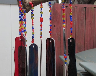 Red and Blue Stained Glass Windchimes with Over 200 Colorful All Glass Beads and River Driftwood, 15 inches long by 7 inches wide