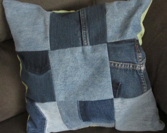 Recycled Denim Patchwork Pillow Sham: Light Green Cotton Back (15x15 inches)