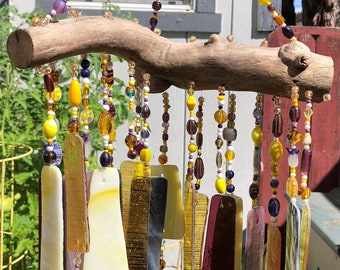 Yellow and Purple Stained Glass Windchimes with 200 Colorful All Glass Beads and River Driftwood, 17 inches long by 11 1/2 inches wide