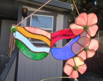Iridescent Stained Glass Mardi Gras Mask: Pink Flowers Wall Suncatcher