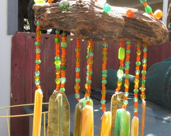 Yellow and Green Stained Glass Windchimes with Over 200 Colorful All Glass Beads and River Driftwood, 15 inches long by 7 inches wide