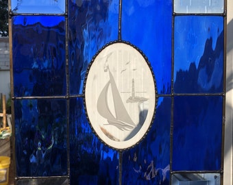 Sailboat & Lighthouse, Etched in Clear Beveled Oval, of Clear Royal Blue Glass, Blue Beveled Corners, 12" X 12" square, Suncatcher