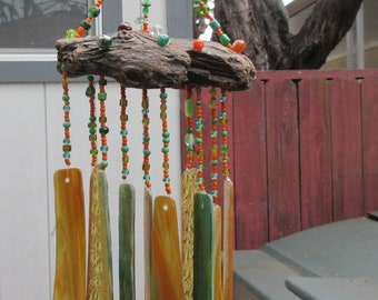 Amber-Green-Yellow Stained Glass Windchimes with Colorful All Glass Beads and River Driftwood, 15 inches long by 7 inches wide