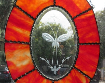 Etched Butterfly Stained Glass Sun Catcher - Orange Swirl Glass