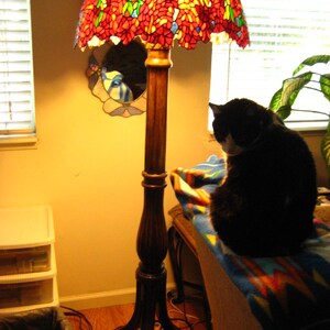 May include: A stained glass lamp with a floral design in shades of red, orange, and yellow. The lamp is on a wooden base and has a black cat sitting on a blanket nearby.