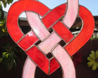 Celtic Heart of Red Swirl and Iridescent Pink Stained Glass, 12 inches long X 7 inches wide, Suncatcher