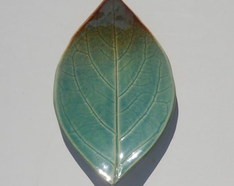 persimmon Leaf Plate, Hand Built, Robin egg Blue and Kaki, Food Safe Glaze