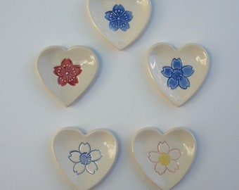 Five Ceramic Mini Heart Plate, Jewelry Dish, Teabag Holder/Spoon Rest, Handmade and Hand Painted Variety of Sakura, Food Safe